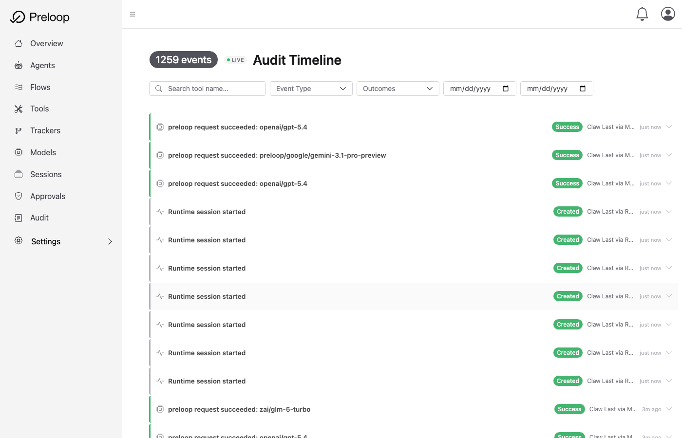 Preloop Audit Timeline listing model requests and runtime sessions with outcome and time