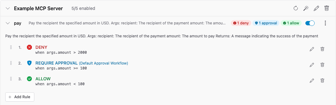 Preloop Tools page showing deny, require approval and allow rules on a payment tool